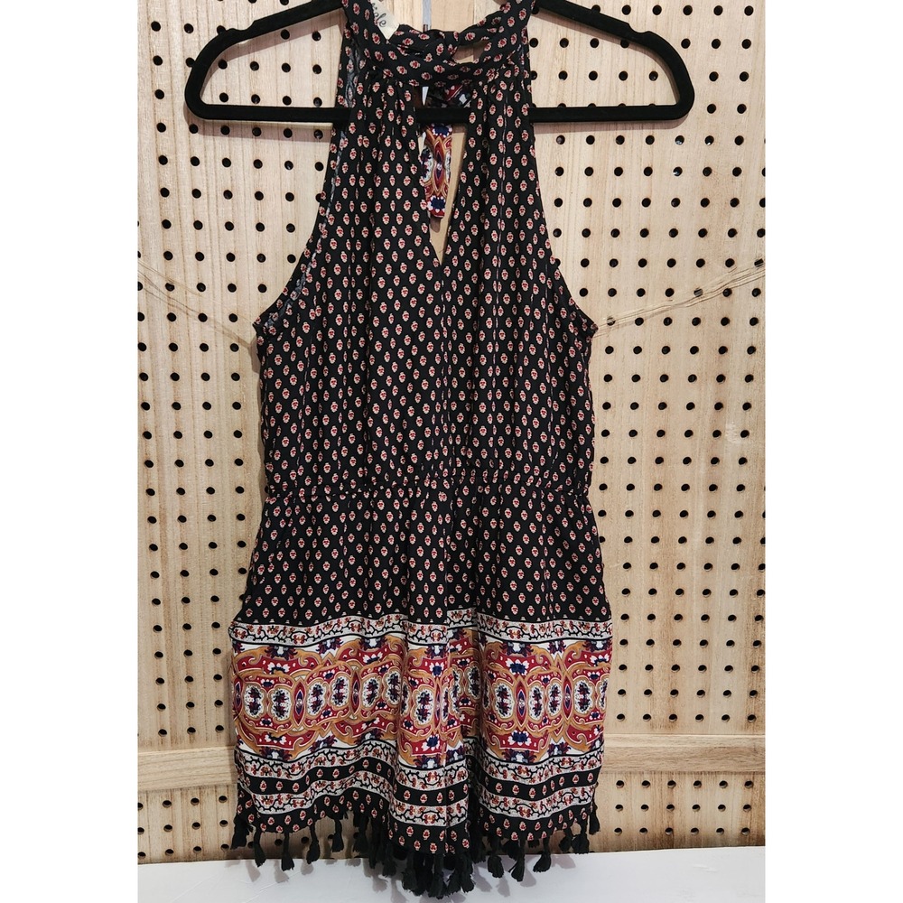 Womens Halter Romper Black Red Paisley Print Tassel Bottom Boho Festival - Picture 4 of 12